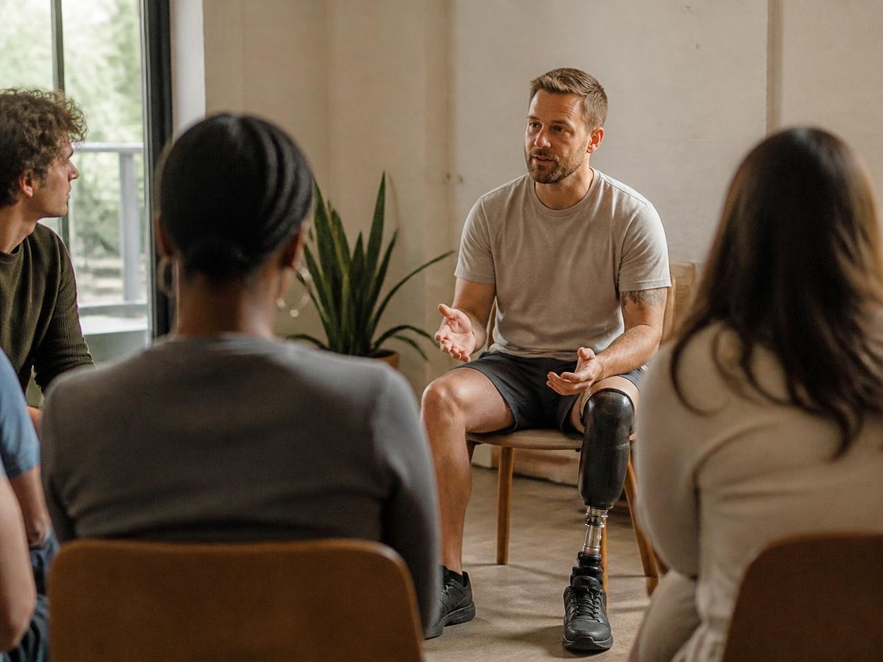 Daniel conversando con un pequeño grupo de personas en una sala con luz natural