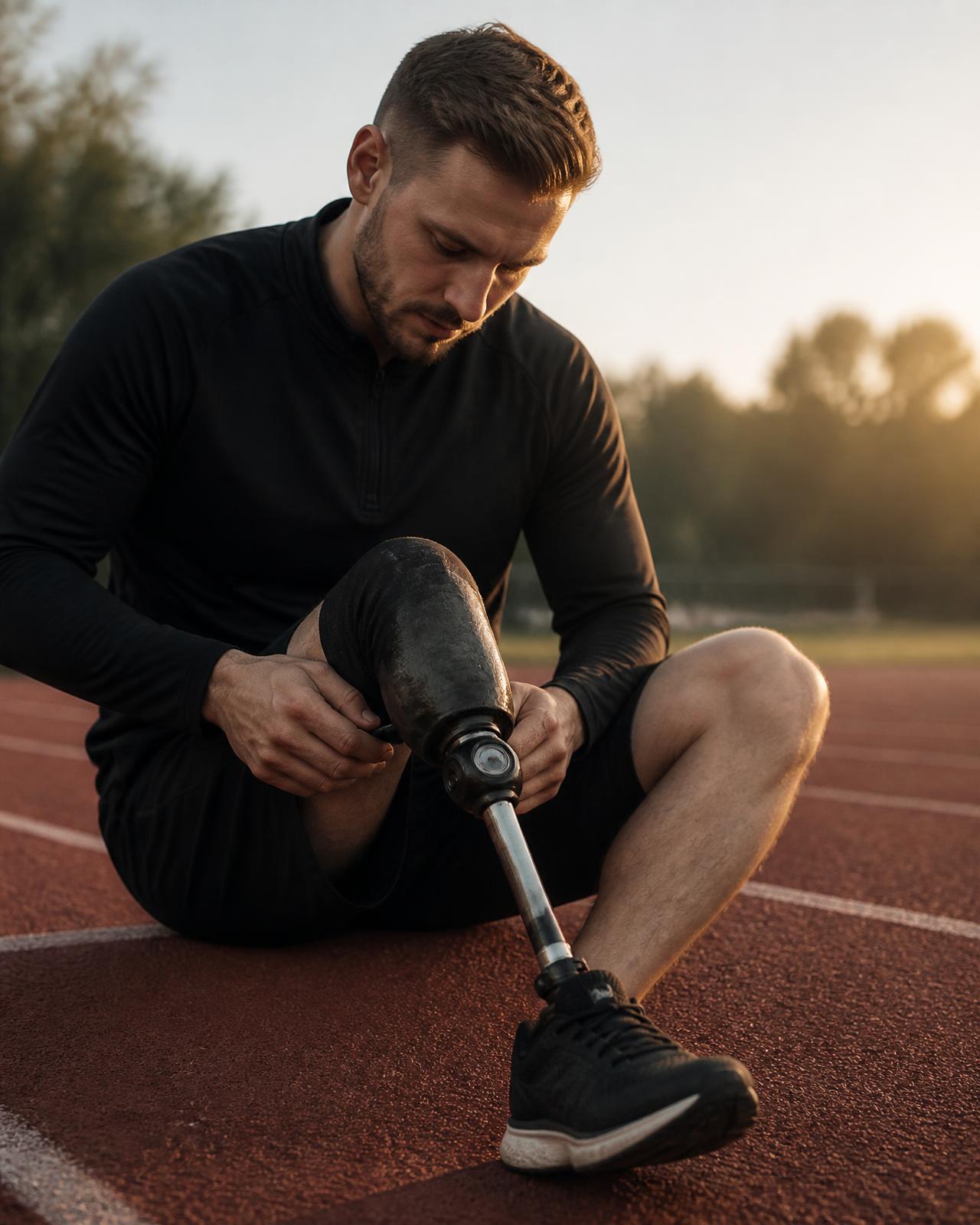 Hombre con prótesis ajustándose la pierna antes de entrenar al amanecer