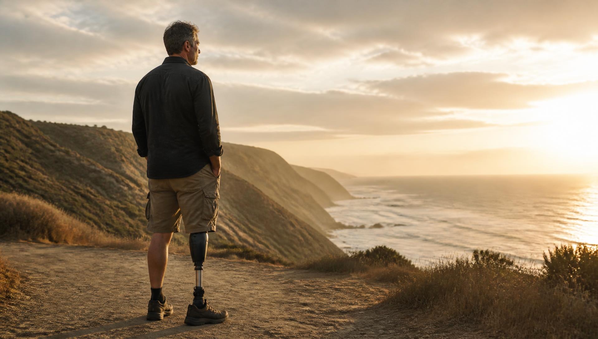 Daniel mirando al horizonte desde un sendero costero al atardecer