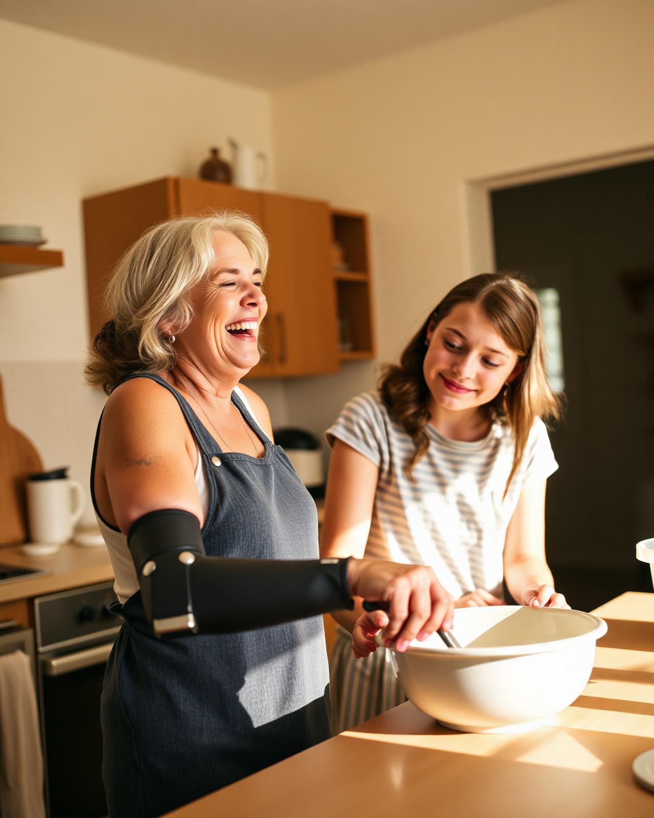 Mujer con prótesis de brazo cocinando y riendo junto a su hija adolescente
