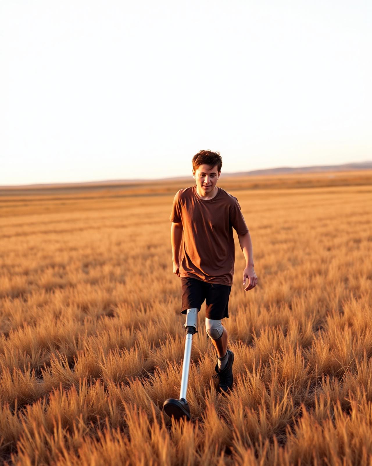 Joven con prótesis de pierna caminando por un campo abierto al atardecer