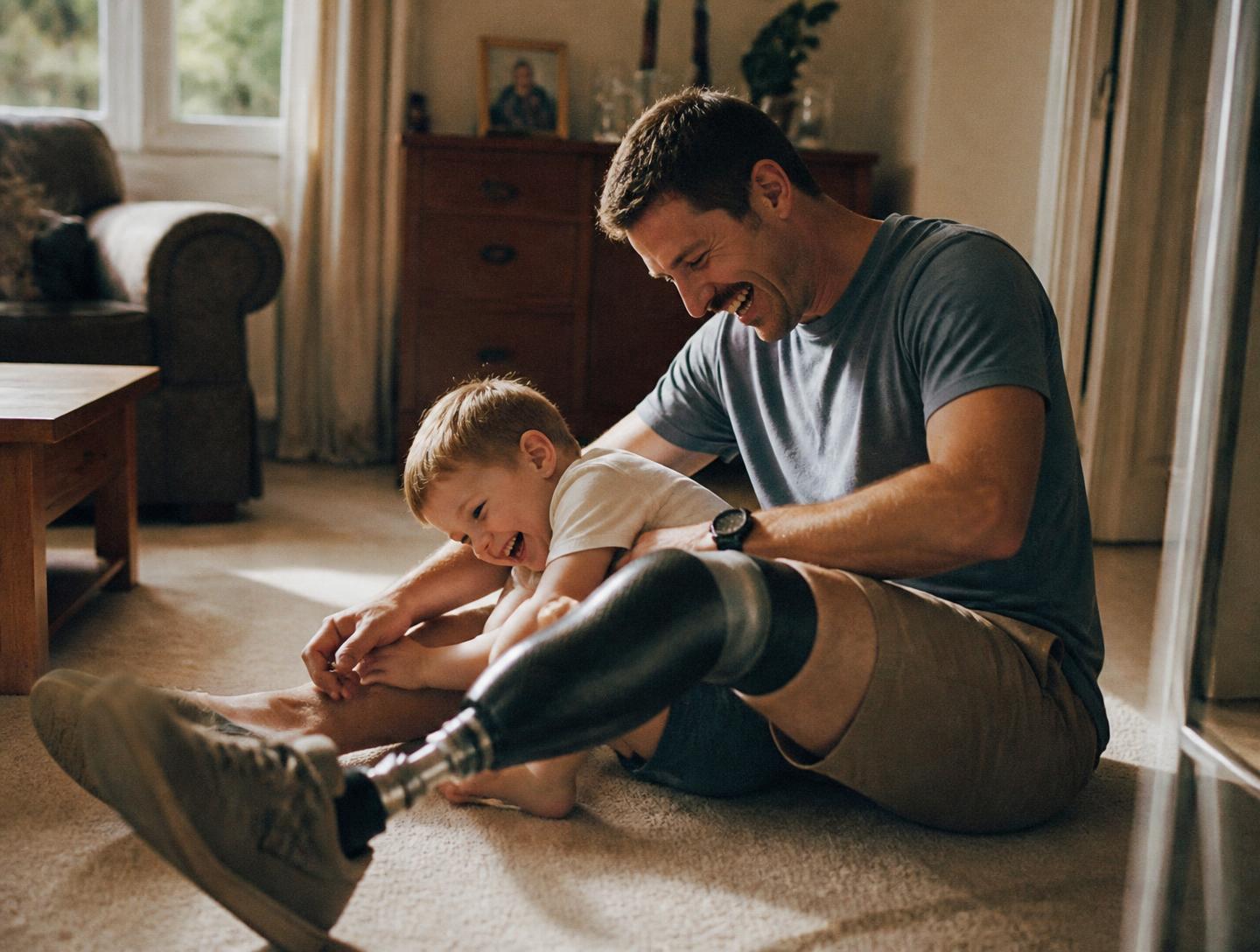 Padre con prótesis jugando en el suelo del salón con su hijo, luz natural