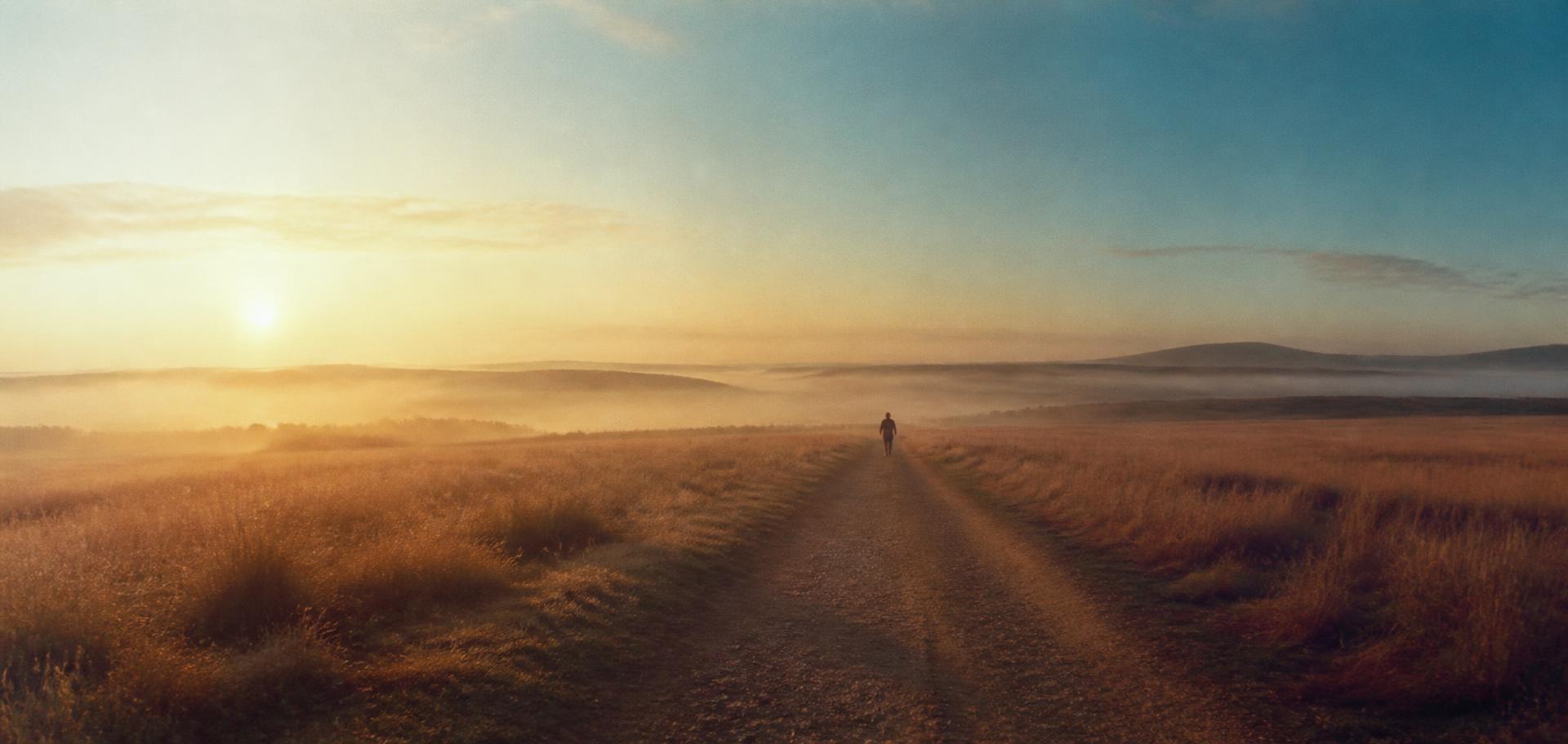 Sendero abierto al amanecer con niebla suave y una persona caminando a lo lejos